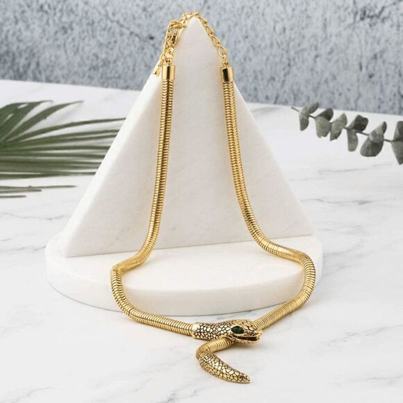Superchic Vivid Gold Snake with Emerald Oval Shaped Eyes Gold Plated Necklace - Picture 3 of 3